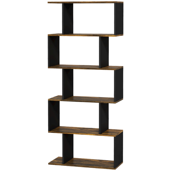 Geometric S-shaped bookcase, tall and narrow shelf for living room or office, rustic brown