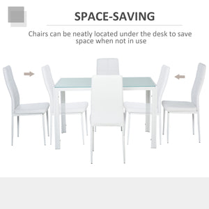 Rectangular 5-piece kitchen set with glass table and chairs, faux leather upholstery, white.