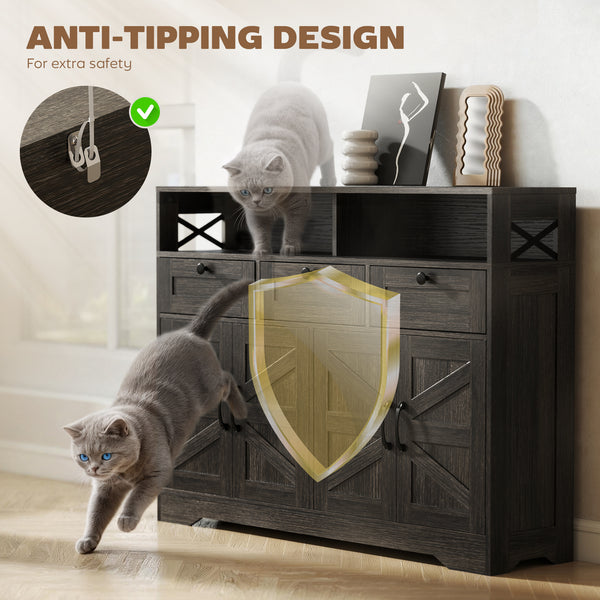 Buffet with 4 barn-style sliding doors with 3 drawers and adjustable shelves, dark brown