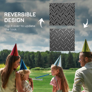 Tapis d'extérieur réversible imperméable en paille plastique, motif géométrique noir et gris