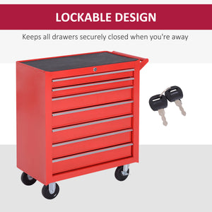 Mobile tool chest with 7 lockable drawers and handle, red.