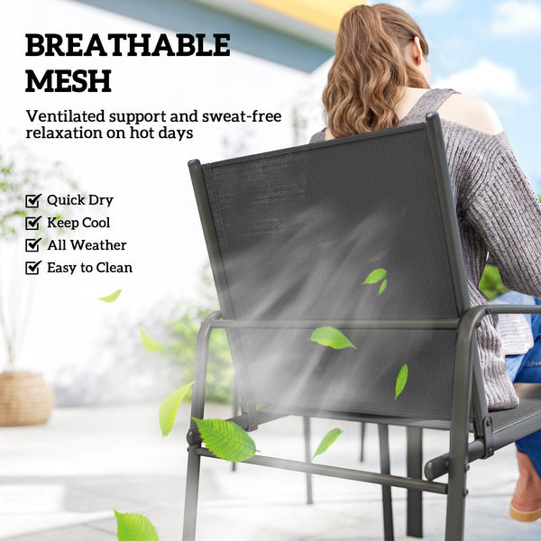 Ensemble repas d'extérieur pour 6 personnes, table et chaises de patio en faux bois avec assise en maille respirante, structure en acier galvanisé, noir