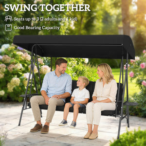 3-Seat Outdoor Porch Swing Patio Swing with Adjustable Canopy, Side Tray, Removable Cushion for Garden, Poolside, Black