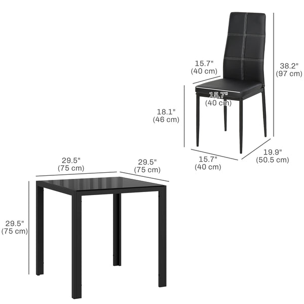 Ensemble de tables et chaises en verre avec structure en métal et revêtement en similicuir pour salle à manger, noir