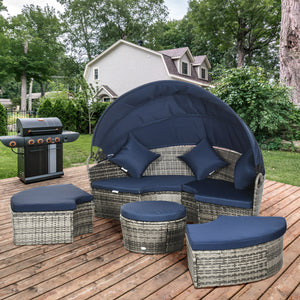 Canapé-lit de jardin 4 pièces avec auvent rétractable, bleu foncé
