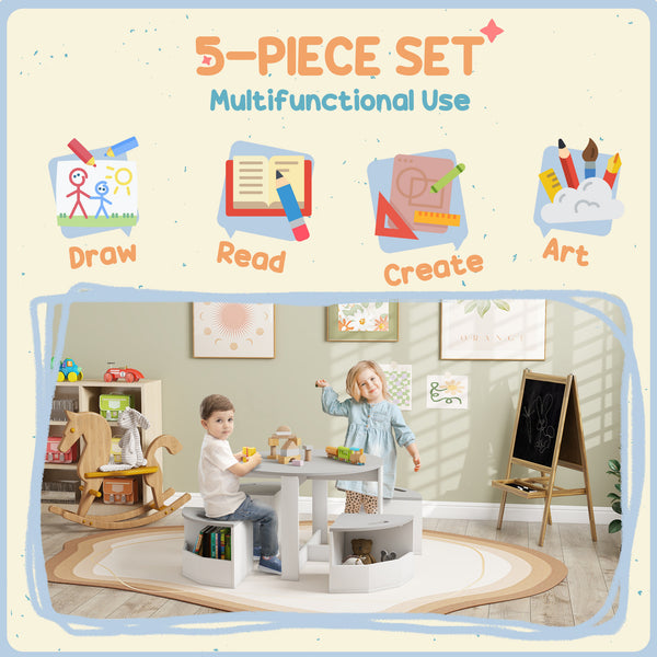 Ensemble table et chaises pour enfants 5 pièces avec rangement, gris