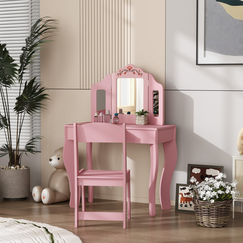 Coiffeuse avec miroir amovible à trois volets et tiroir, rose