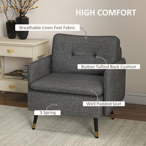Fauteuil d'appoint moderne rembourré avec dossier capitonné et pieds en acier, gris foncé