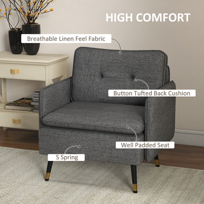 Fauteuil d'appoint moderne rembourré avec coussin de dossier capitonné et pieds en acier, pour salon et chambre, gris foncé