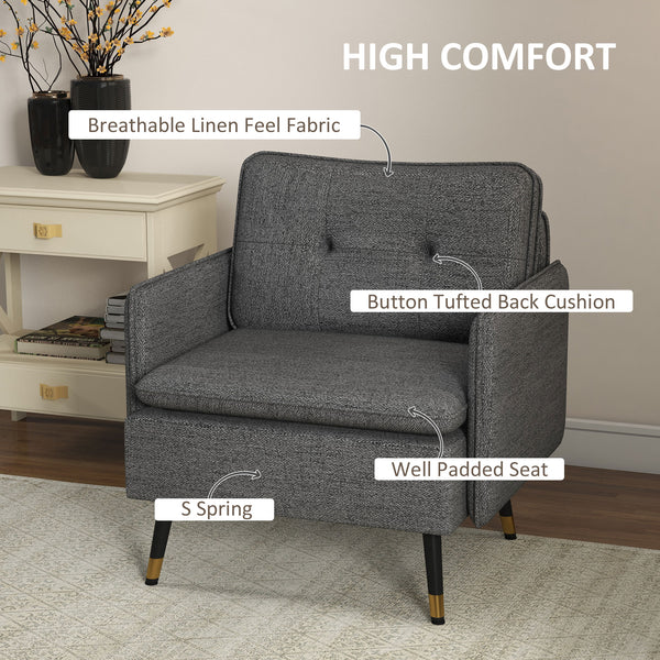 Fauteuil d'appoint moderne rembourré avec dossier capitonné et pieds en acier, gris foncé