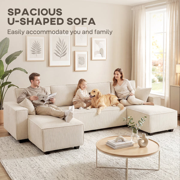Canapé d'angle modulable en forme de U avec double méridienne et coussins à ressorts, beige