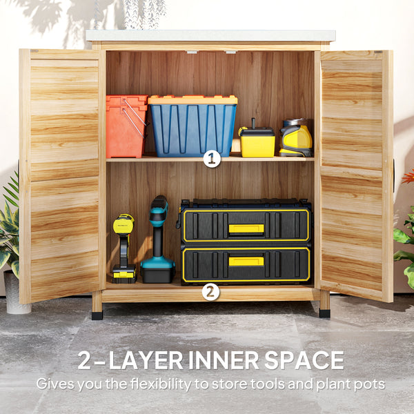 Garden storage unit with metal top, natural color