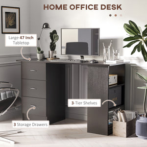 Bureau avec étagères de rangement à 3 niveaux avec tiroirs, noir