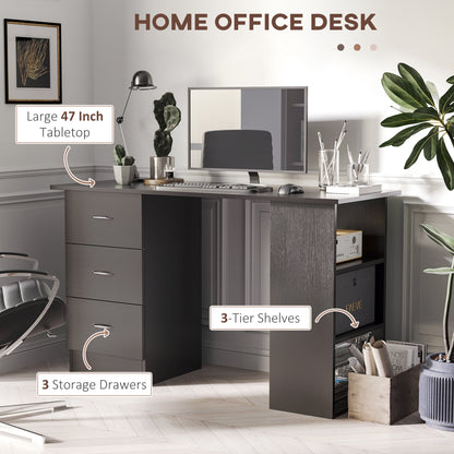 Bureau avec étagères de rangement à 3 niveaux avec tiroirs, noir