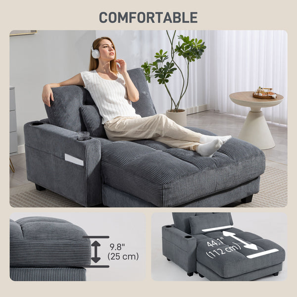 Canapé de lecture grand format en velours côtelé, avec 2 porte-gobelets, gris foncé
