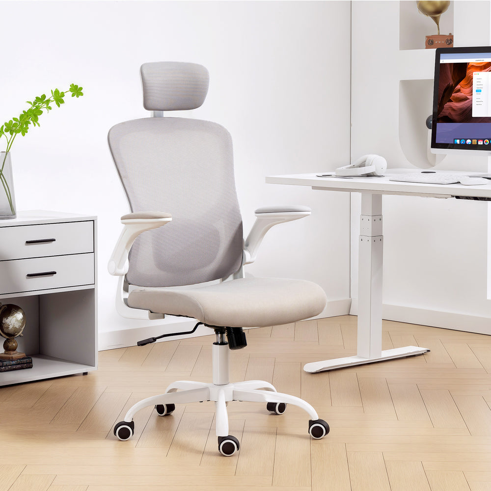 Chaise de bureau ergonomique en maille avec appui-tête et soutien lombaire, grise