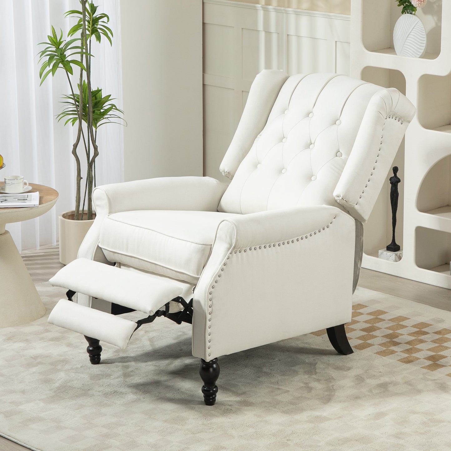 Fauteuil inclinable avec repose-pieds, capitonné et accoudoirs roulés pour salon, blanc crème