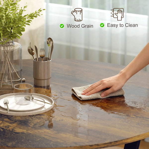 Modern round dining table with steel frame, rustic brown 