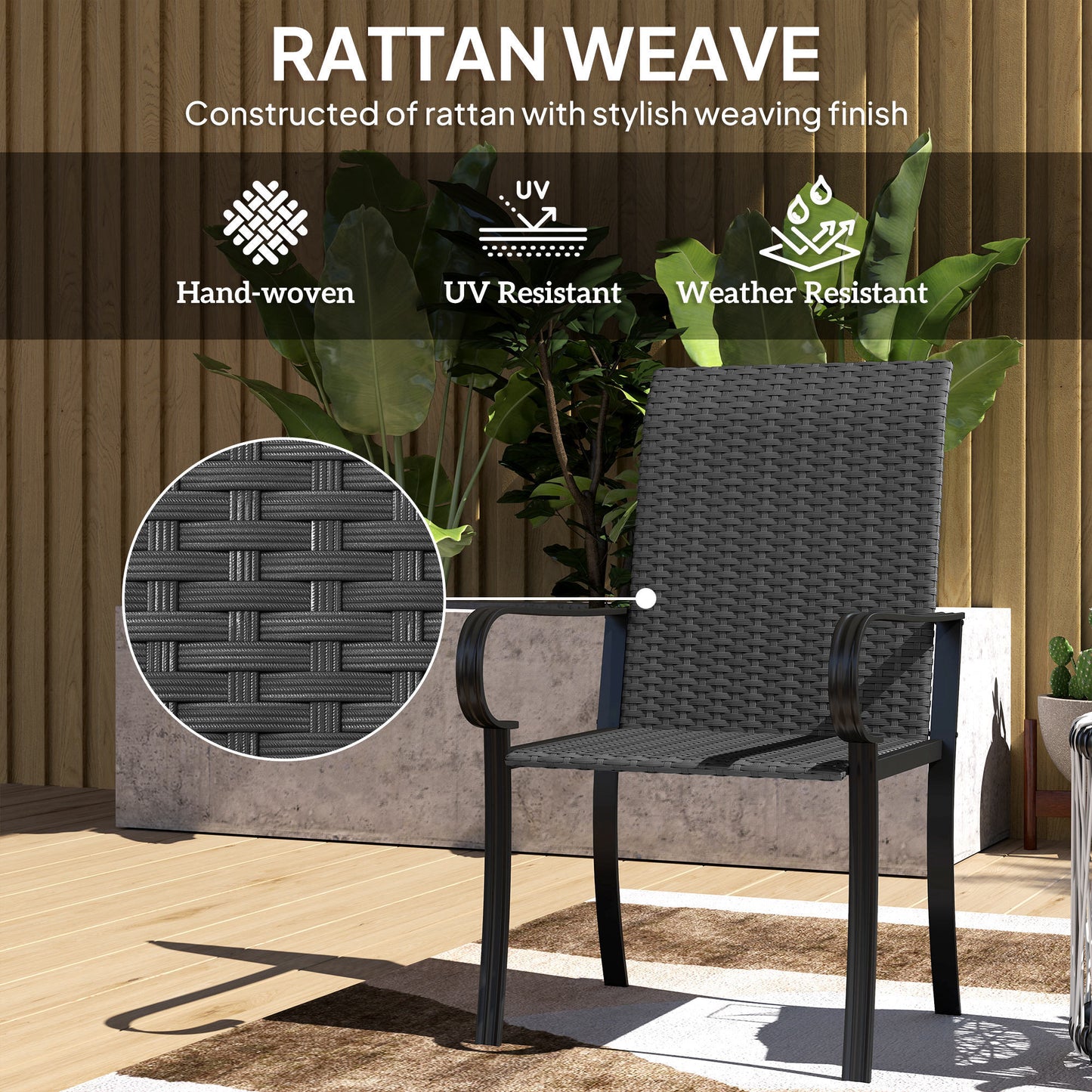 Chaises de salle à manger Outsunny en rotin synthétique, 4 pièces, avec cadre en acier, pour jardin, arrière-cour, bord de piscine, porche, noir
