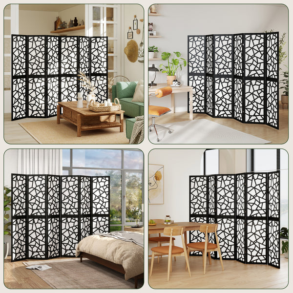 6-panel folding screen, 1.70 m, lightweight and foldable, geometric pattern, black