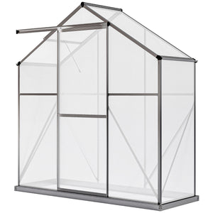 Polycarbonate greenhouse with sliding door, 5-level roof ventilation and gutter