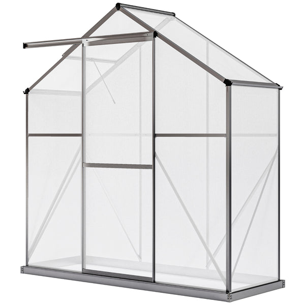 Polycarbonate greenhouse with sliding door, 5-level roof ventilation and gutter