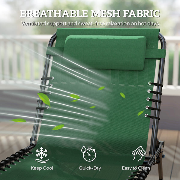 Folding Lounge Chair, Adjustable Chaise Lounge with Headrest, Reclining Lounger Cot for Camping, Hiking, Green
