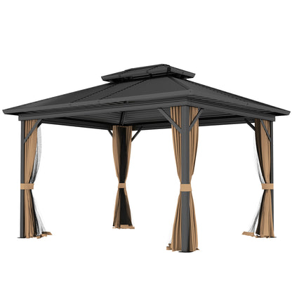 Gazebo 10' x 12' à toit rigide, abri solaire avec toit métallique à deux niveaux, moustiquaire et crochet de suspension, brun foncé