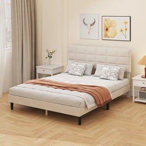 Cadre de lit Queen Size avec tête de lit rembourrée avec lattes en bois, capacité de charge de 500 kg, couleur crème