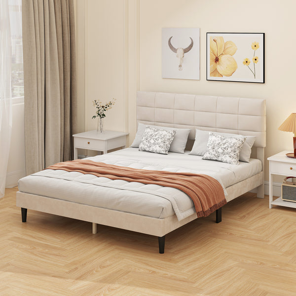 Cadre de lit Queen Size avec tête de lit rembourrée avec lattes en bois, capacité de charge de 500 kg, couleur crème