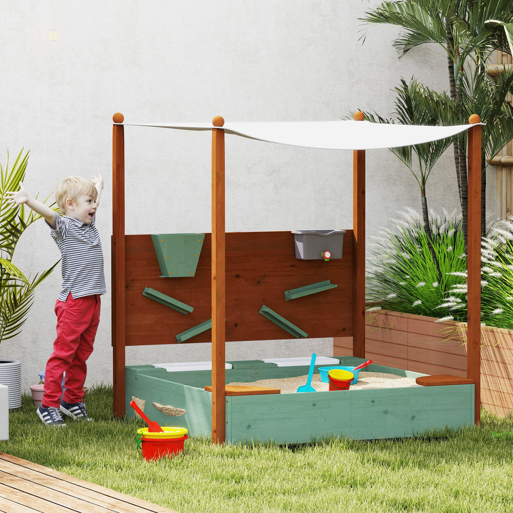 Bac à sable en bois pour enfants avec auvent vert – protection solaire et espace de jeu extérieur