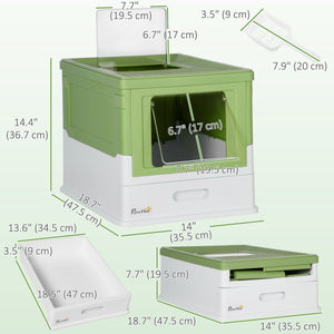 Enclosed litter box with scoop and tray, green