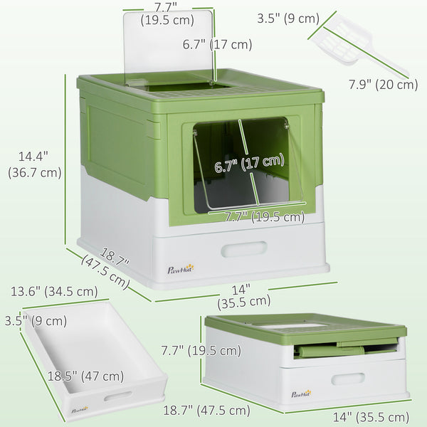 Enclosed litter box with scoop and tray, green