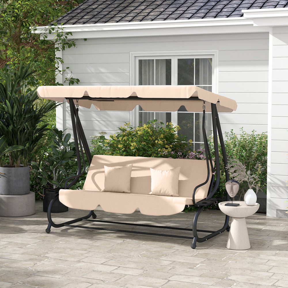 Balancelle d’extérieur 3 places couleur marron clair, convertible en lit plat avec abat-jour réglable, coussins amovibles et porte-gobelet intégré, idéale pour terrasse ou jardin