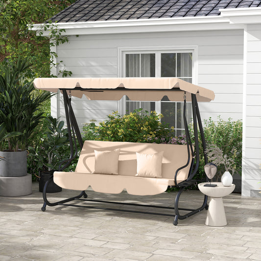 Balancelle d’extérieur 3 places couleur marron clair, convertible en lit plat avec abat-jour réglable, coussins amovibles et porte-gobelet intégré, idéale pour terrasse ou jardin