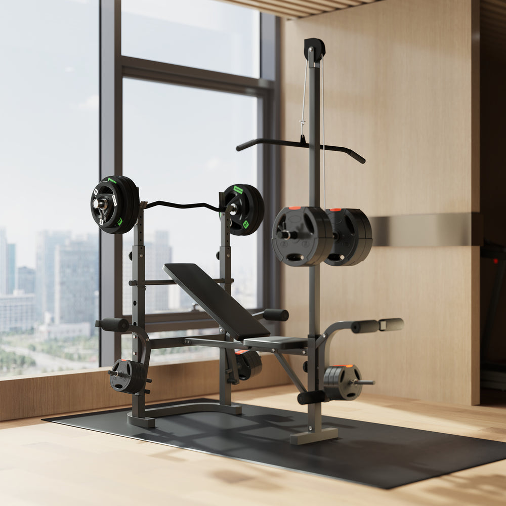 Banc de musculation réglable avec support pour développé couché et station de tirage latéral, idéal pour entraînements complets à domicile