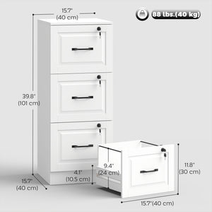 3-drawer vertical filing cabinet with lock, equipped with adjustable hanging rails for A4 and Letter sizes, white.