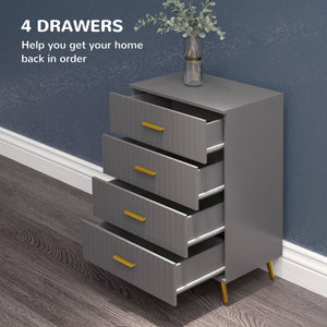 Chest of drawers with 4 drawers, aluminum legs and gold handles, dark grey.