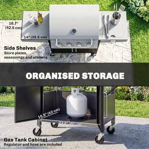 4+1 burner propane gas barbecue with side burner, warming rack and side shelf.
