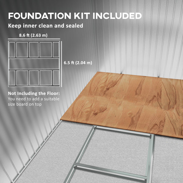 Abri de jardin 9' x 10,6' avec kit de fondation pour rangement avec portes doubles, gris clair
