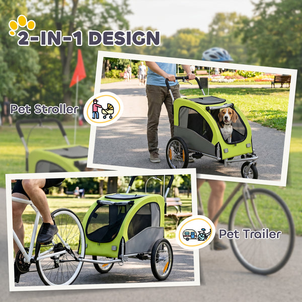 Remorque vélo pour chien 2 en 1, poussette pliable et remorque avec suspension, attelage universel pour vélo, verte