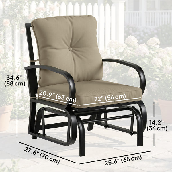 Fauteuil à bascule avec coussins, structure en acier, accoudoirs incurvés, beige