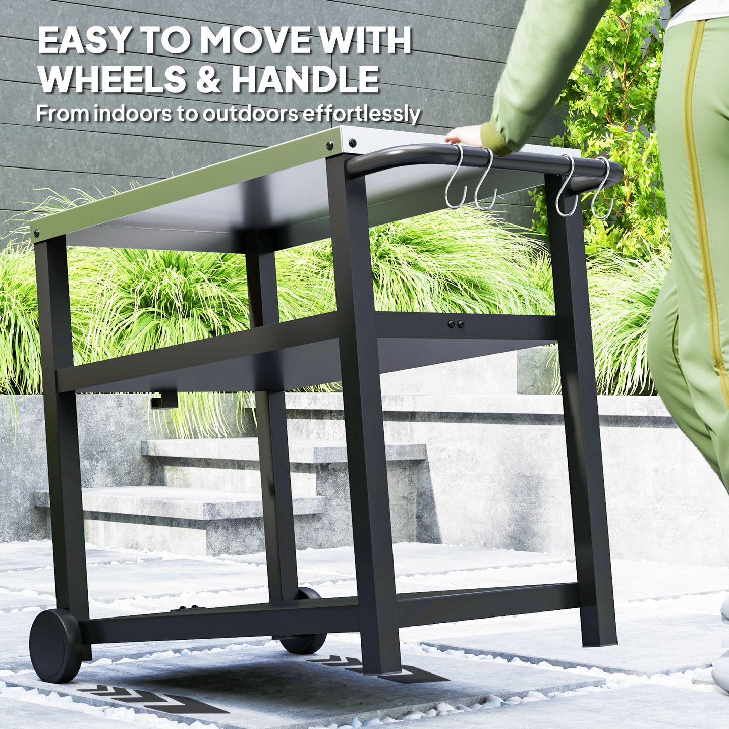Outsunny 3-Shelf Outdoor Kitchen Cart, Pizza Oven, Stainless Steel Top, Mobile BBQ Food Prep Table, Outdoor Kitchen Island with Hooks, Casters and Handle, Charcoal Grey 