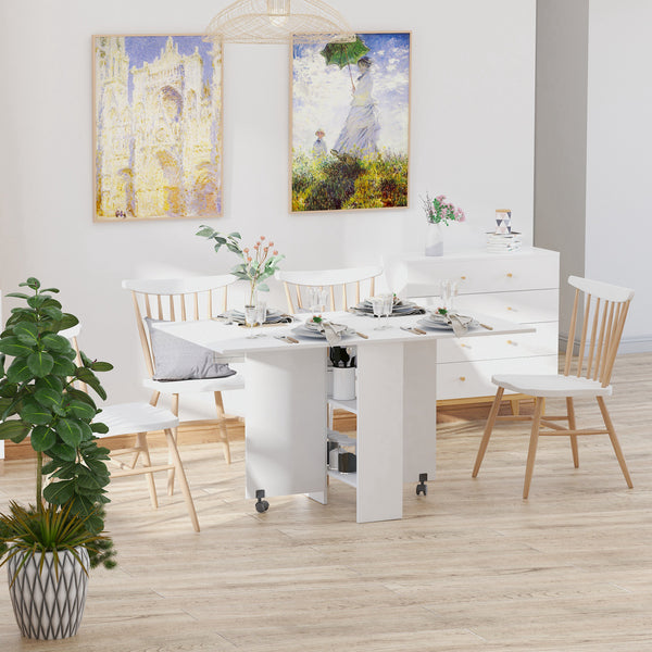 Table de salle à manger extensible avec étagères à 2 niveaux et roulettes, blanche