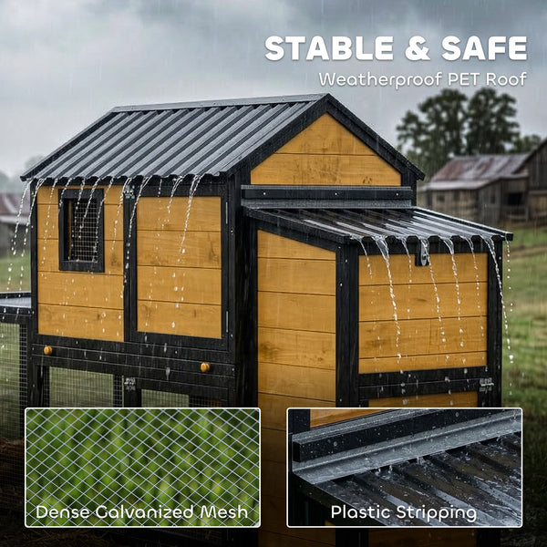 Large wooden chicken coop with run, nesting box, pull-out tray, waterproof roof, and access ramp.
