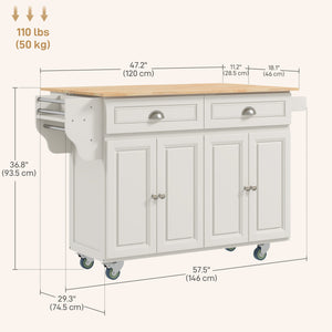 Îlot de cuisine avec rangement avec abattant, plateau en bois d'hévéa et étagères réglables, blanc crème