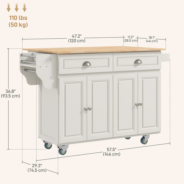 Îlot de cuisine avec rangement avec abattant, plateau en bois d'hévéa et étagères réglables, blanc crème