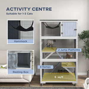 Enclos pour chats sur roulettes avec hamac et plusieurs plateformes de repos, gris