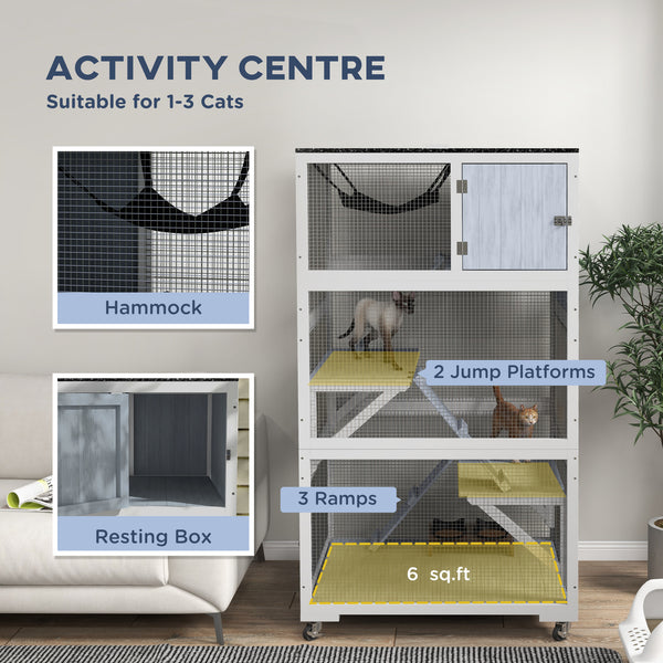 Enclos pour chats sur roulettes avec hamac et plusieurs plateformes de repos, gris