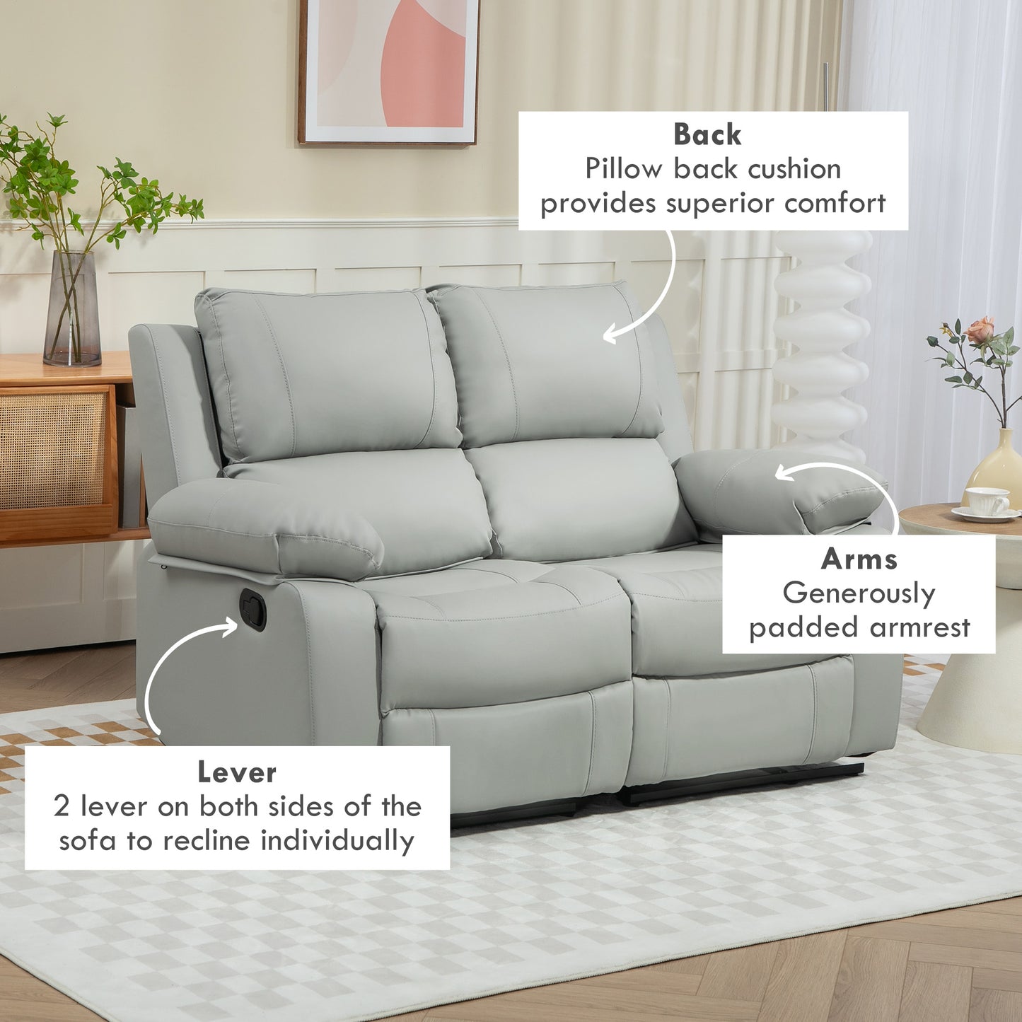 HOMCOM Manual Recliner Sofa, Faux Leather Double Reclining Loveseat with Retractable Footrest for Living Room, Light Grey
